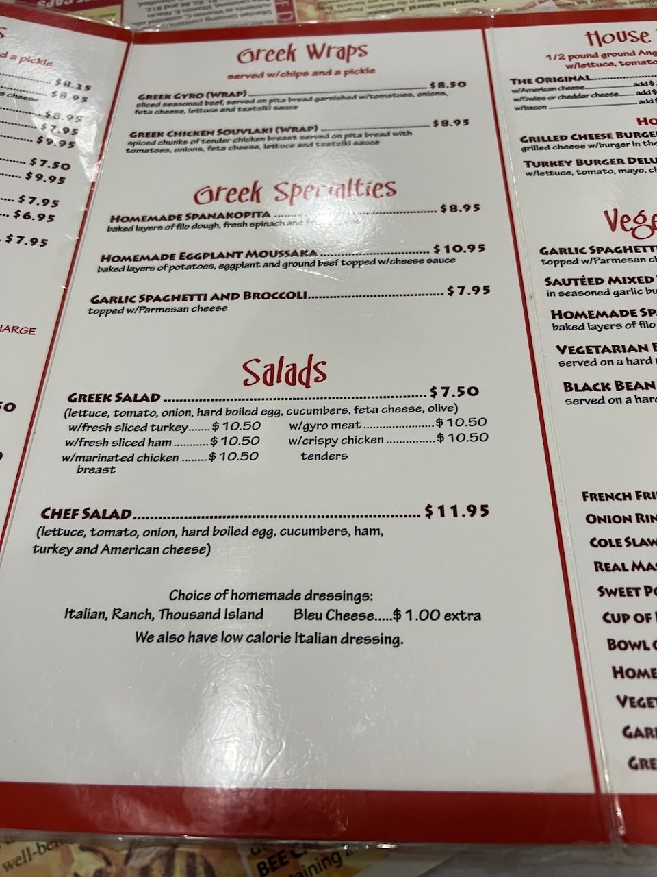 Printed menu showing sandwiches and comfort food.