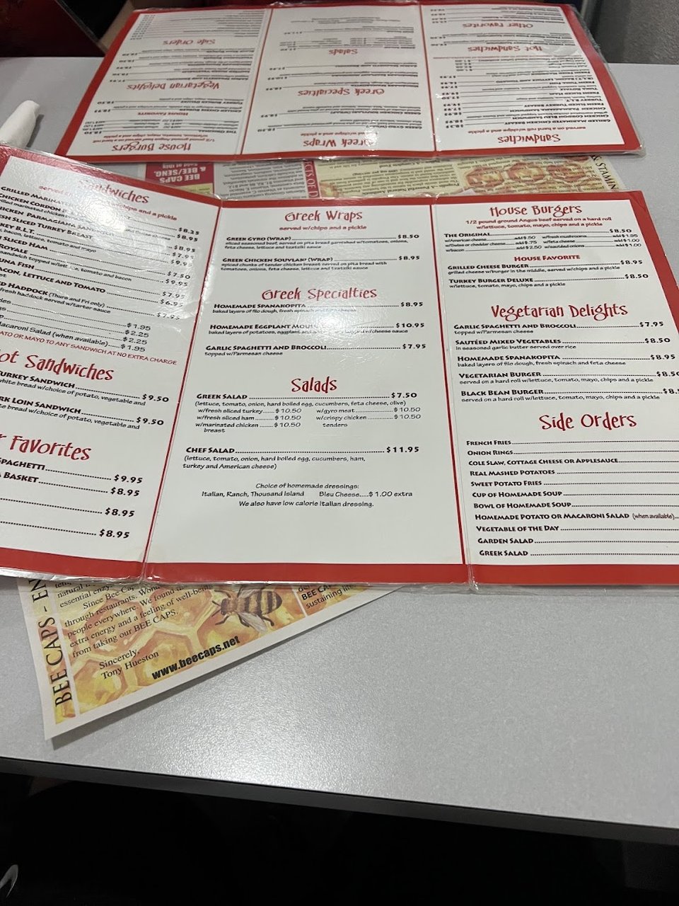 Restaurant menu with coffee and dessert sections.